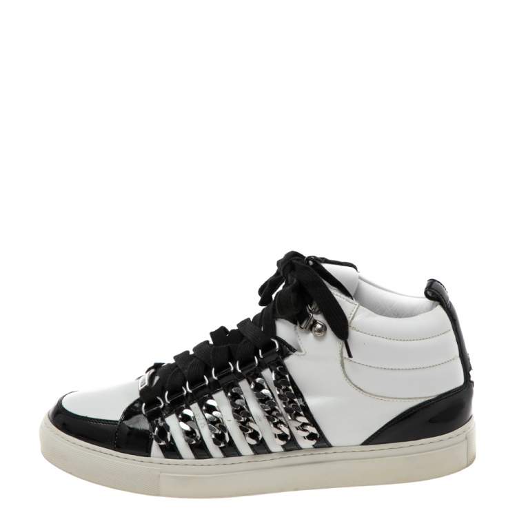 Pre Owned Dsqaured2 Black/White Leather And Patent Leather Chain Embellished High Top Sneakers Size 43 