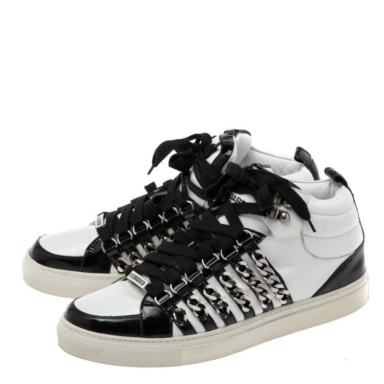 Pre Owned Dsqaured2 Black/White Leather And Patent Leather Chain Embellished High Top Sneakers Size 43 