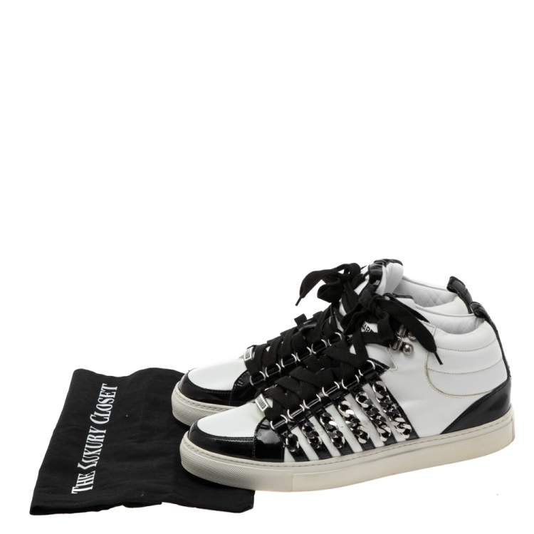 Pre Owned Dsqaured2 Black/White Leather And Patent Leather Chain Embellished High Top Sneakers Size 43 