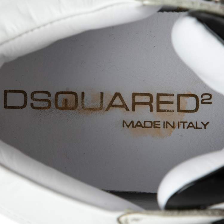 Pre Owned Dsqaured2 Black/White Leather And Patent Leather Chain Embellished High Top Sneakers Size 43 