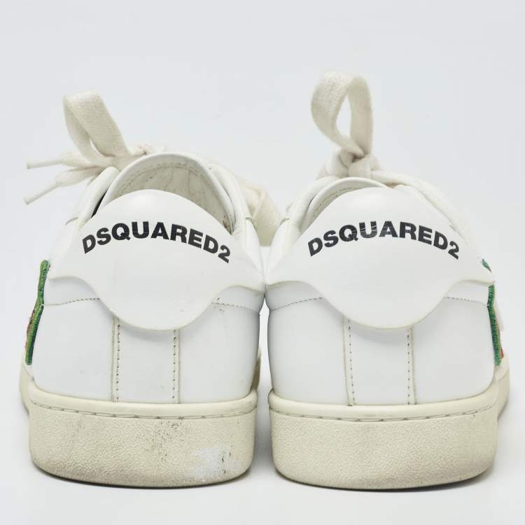 Pre Owned Dsquared2 White Leather Embroidered Patch Work Lace Up Sneakers Size 42