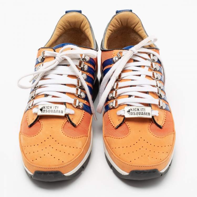 Pre Owned Dsquared2 Orange Leather And Mesh Striped Low Top Sneakers Size 42