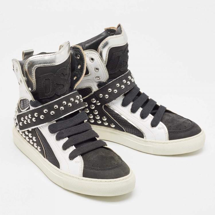 Pre Owned Dsquared2 Black/Silver Leather Studded High Top Sneakers Size 41