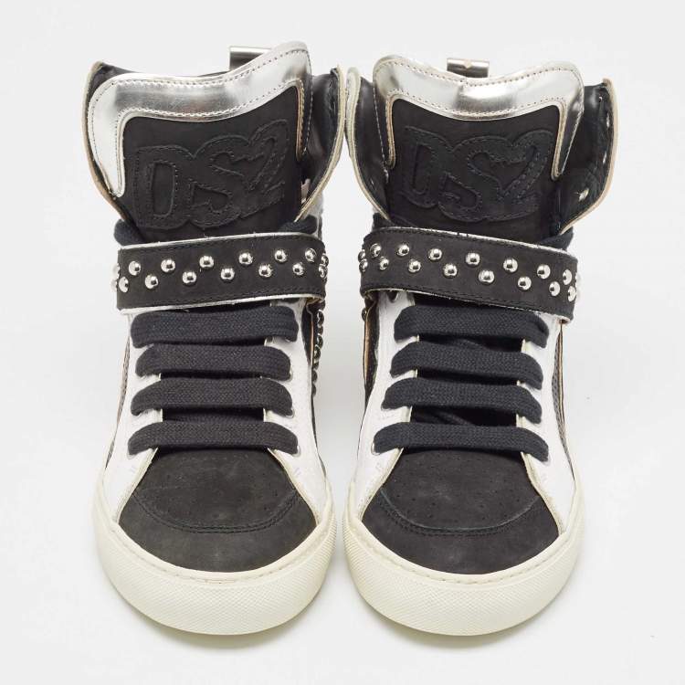 Pre Owned Dsquared2 Black/Silver Leather Studded High Top Sneakers Size 41