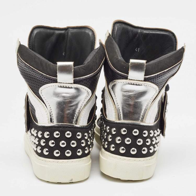 Pre Owned Dsquared2 Black/Silver Leather Studded High Top Sneakers Size 41