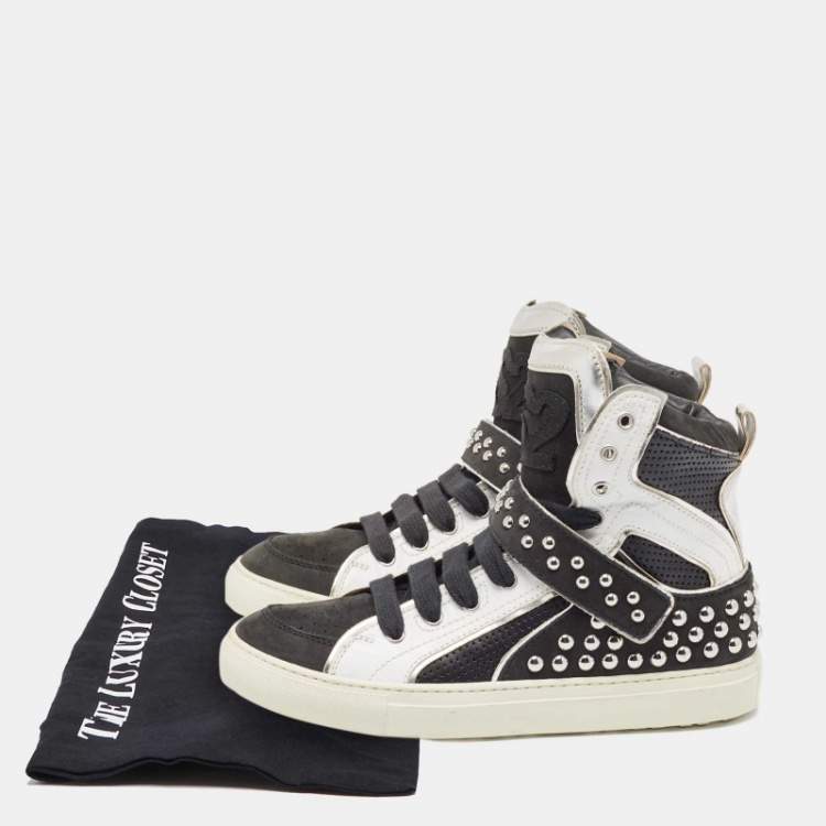Pre Owned Dsquared2 Black/Silver Leather Studded High Top Sneakers Size 41