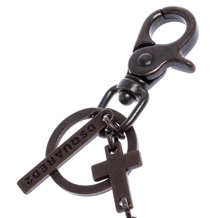 Pre Owned Dsquared2 Aged Bronze Tone Metal Cross Charm Chain Key Ring 