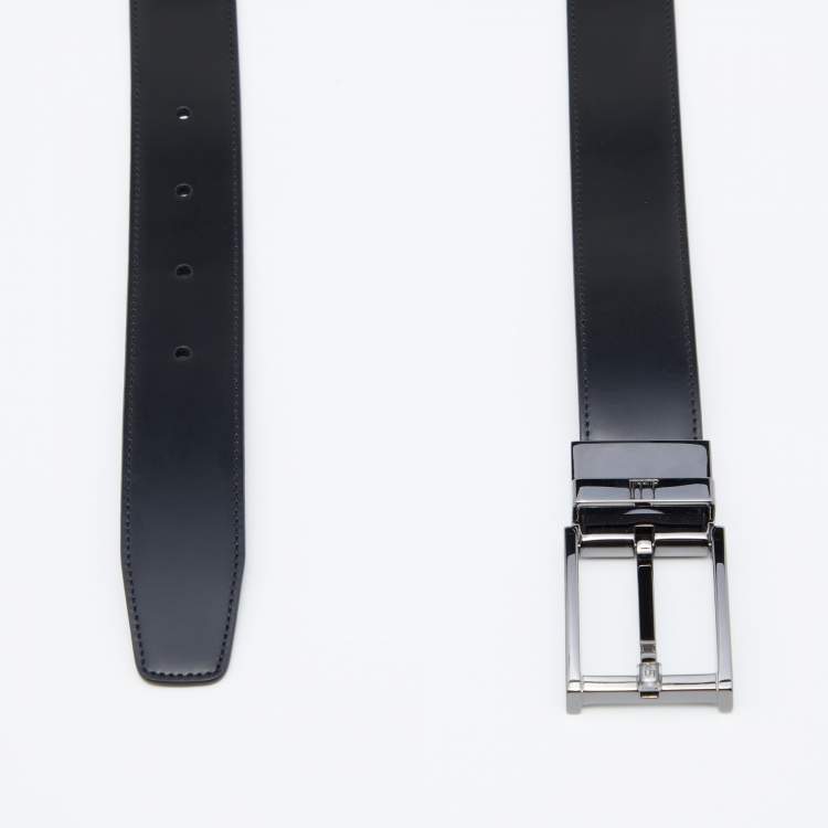 Pre Owned Dunhill Black/Navy Blue Leather Reversible Buckle Belt 107 CM
