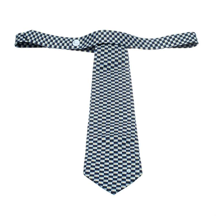 Pre Owned Dunhill Blue Animal Print Silk Checkered Traditional Tie 