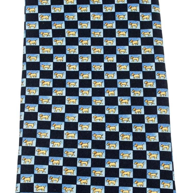 Pre Owned Dunhill Blue Animal Print Silk Checkered Traditional Tie 