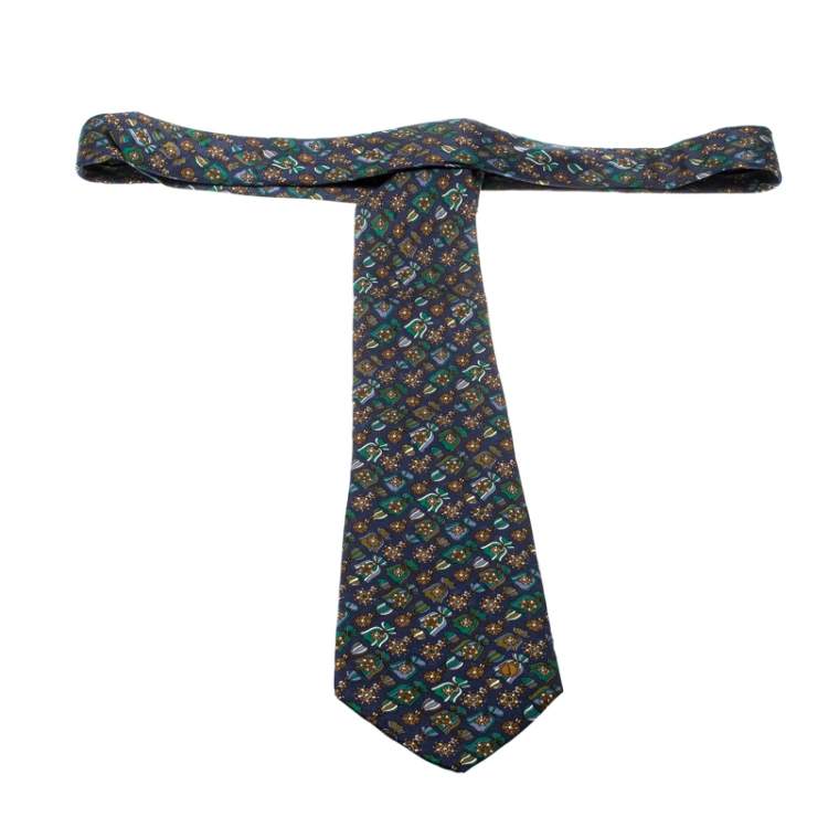 Pre Owned Dunhill Navy Blue Silk Medal Print Tie 