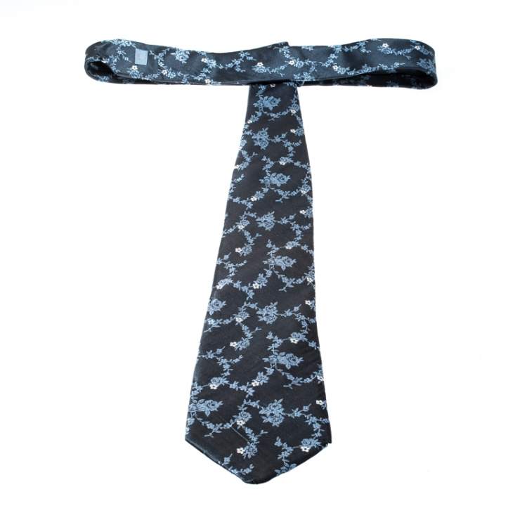 Pre Owned Dunhill Blue Floral Embroidered Raw Silk Tie 