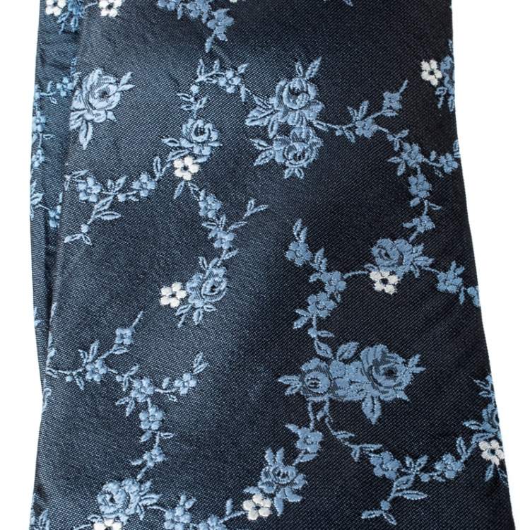 Pre Owned Dunhill Blue Floral Embroidered Raw Silk Tie 