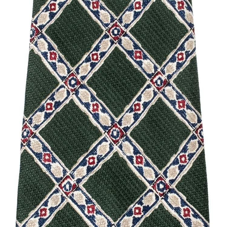 Pre Owned Dunhill Olive Green Argyle Pattern Silk Tie 