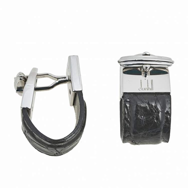 Pre Owned Dunhill Black Leather & Silver Wrap Around Cufflinks