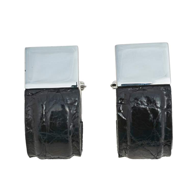 Pre Owned Dunhill Black Leather & Silver Wrap Around Cufflinks