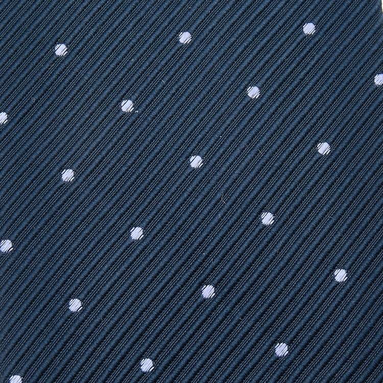 Pre Owned Alfred Dunhill Navy Blue Polka Dot Pattern Silk Jacquard Tie
