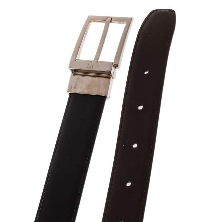 Pre Owned Dunhill Dark Brown/Black Leather Reversible Buckle Belt 