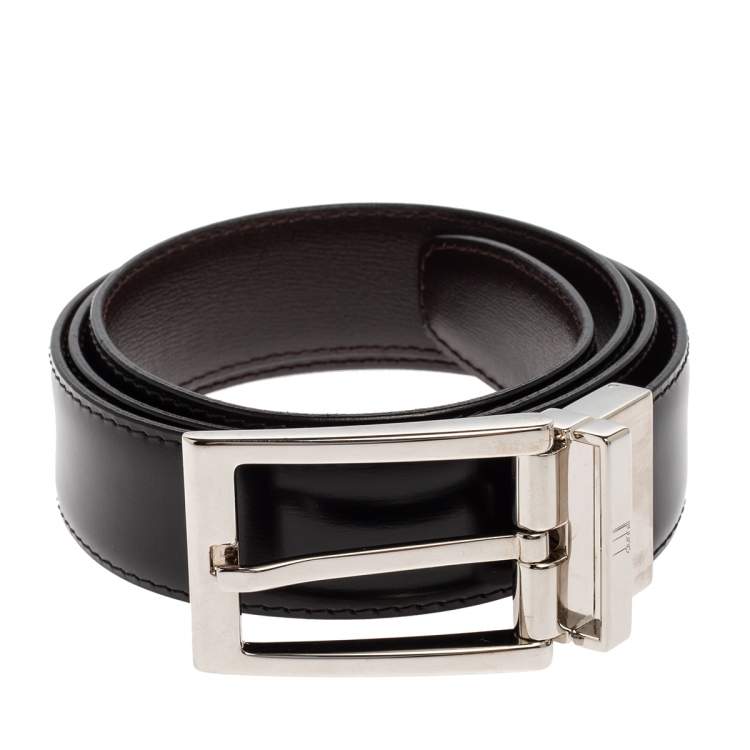Pre Owned Dunhill Dark Brown/Black Leather Reversible Buckle Belt 
