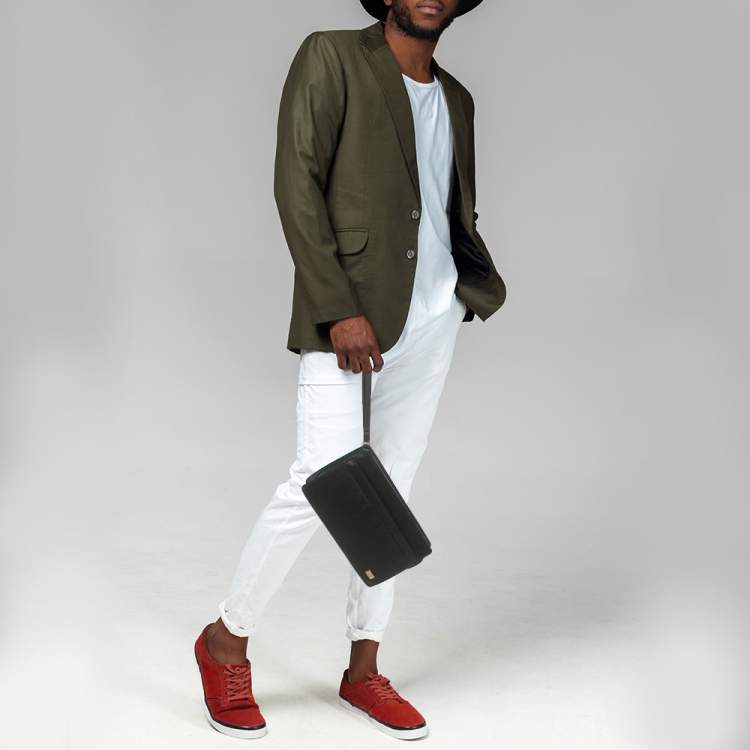 Pre Owned Dunhill Black Leather Zip Wristlet Pouch