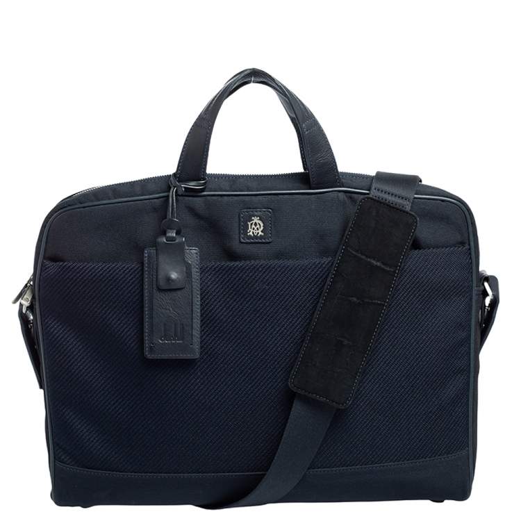 Pre Owned Dunhill Navy Blue Fabric and Leather Trim Briefcase 