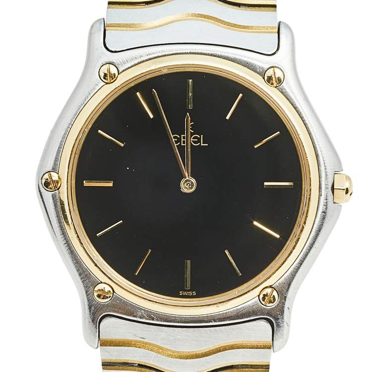 Pre Owned Ebel Black 18k Yellow Gold Stainless Steel Classic Wave 181903 Men's Wristwatch 36 mm