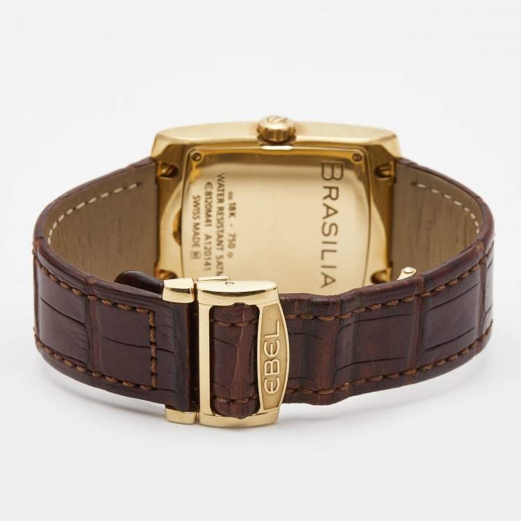 Pre Owned Ebel Silver 18K Yellow Gold Alligator Leather Brasilia 1215618 Men's Wristwatch 32.50 mm