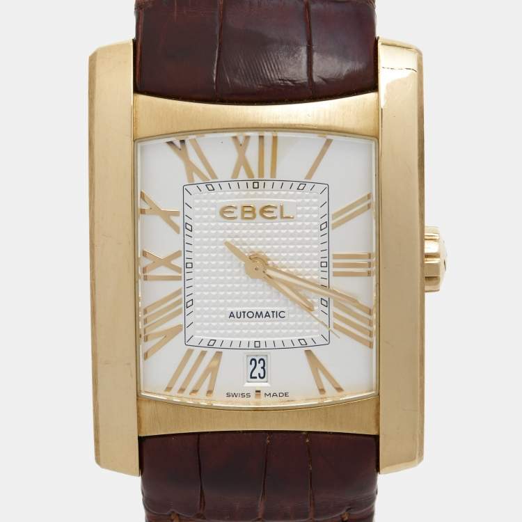 Pre Owned Ebel Silver 18K Yellow Gold Alligator Leather Brasilia 1215618 Men's Wristwatch 32.50 mm