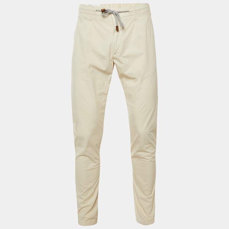 Pre Owned Eleventy Beige Cotton Drawstring Trousers L