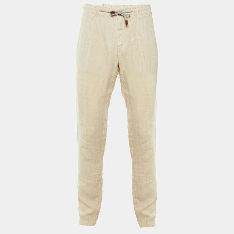 Pre Owned Eleventy Beige Linen Drawstring Trousers L