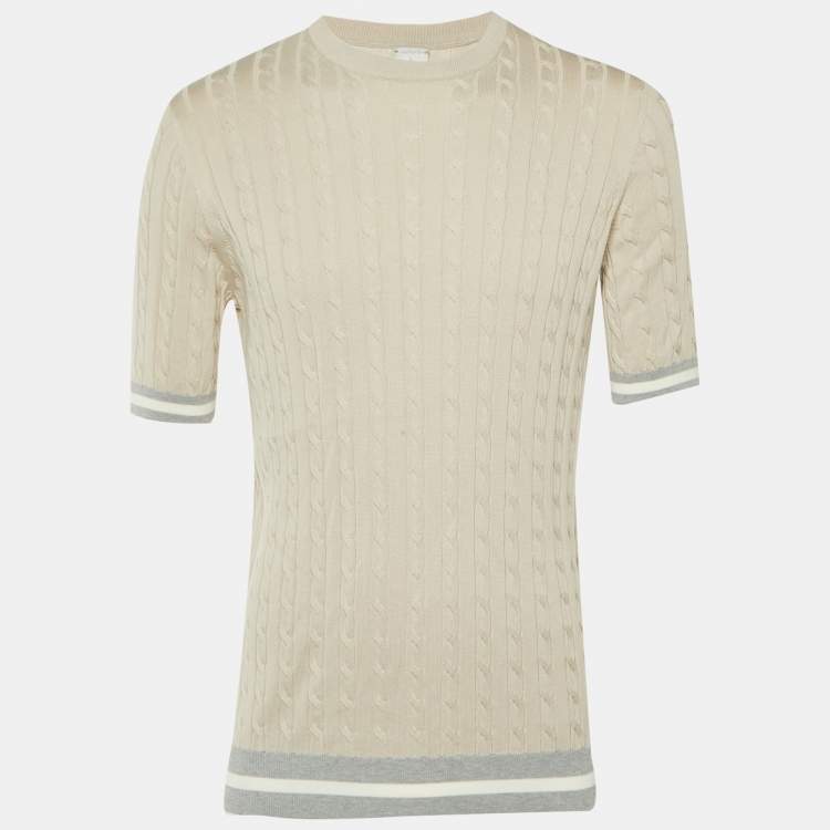 Pre Owned Eleventy Beige Cable Knit Crew Neck T-Shirt L