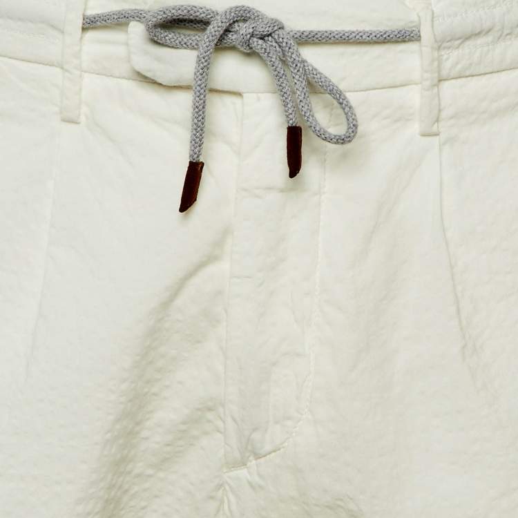 Pre Owned Eleventy White Textured Cotton Pants L/Waist 33"