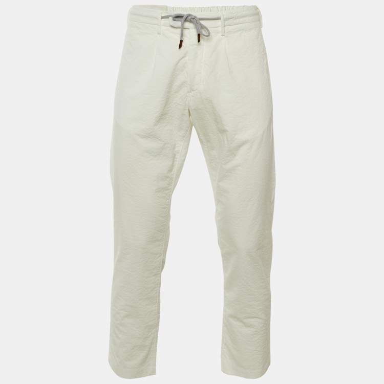 Pre Owned Eleventy White Textured Cotton Pants L/Waist 33"