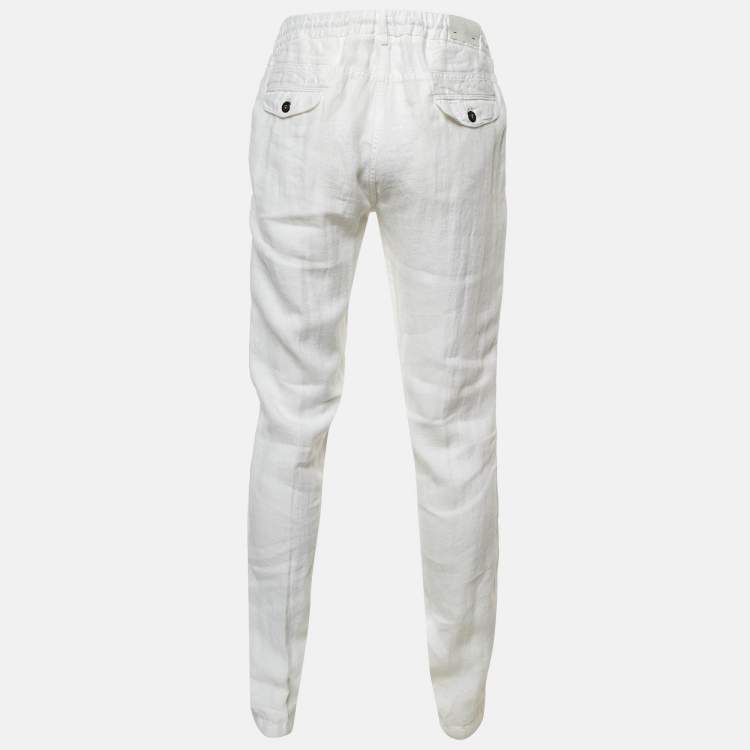 Pre Owned Eleventy White Linen Milano Drawstring Waist Pants L