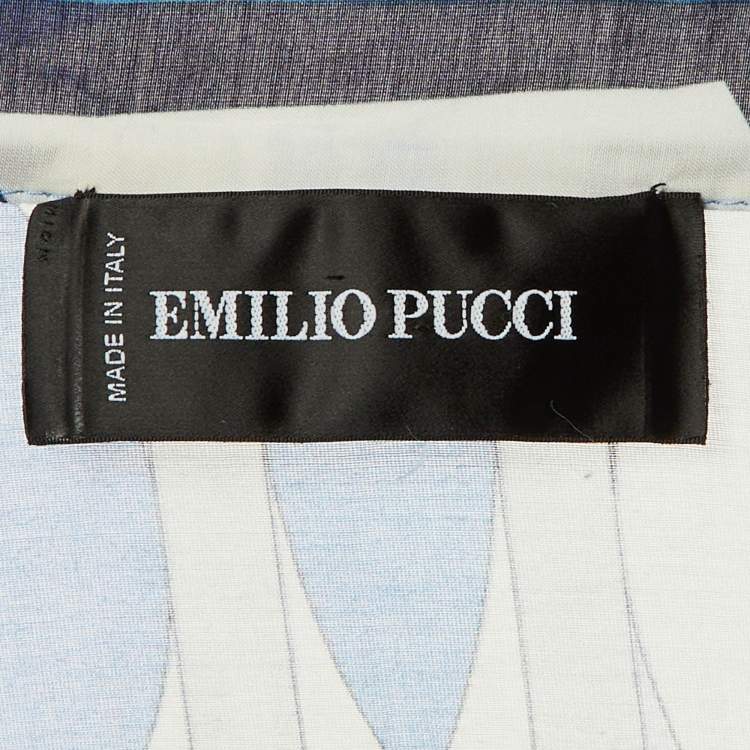 Pre Owned Emilio Pucci Blue Printed Cotton & Silk V Neck Shirt XL