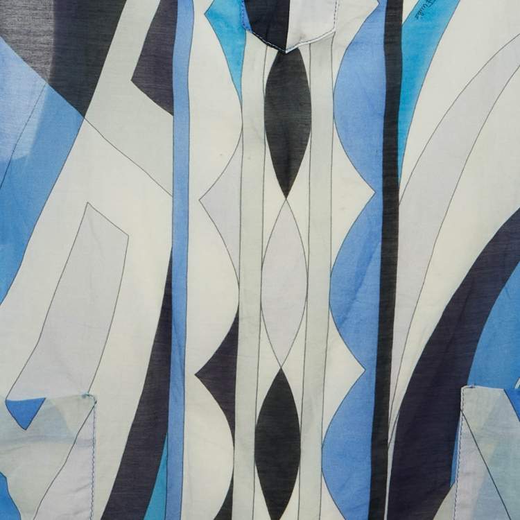 Pre Owned Emilio Pucci Blue Printed Cotton & Silk V Neck Shirt XL
