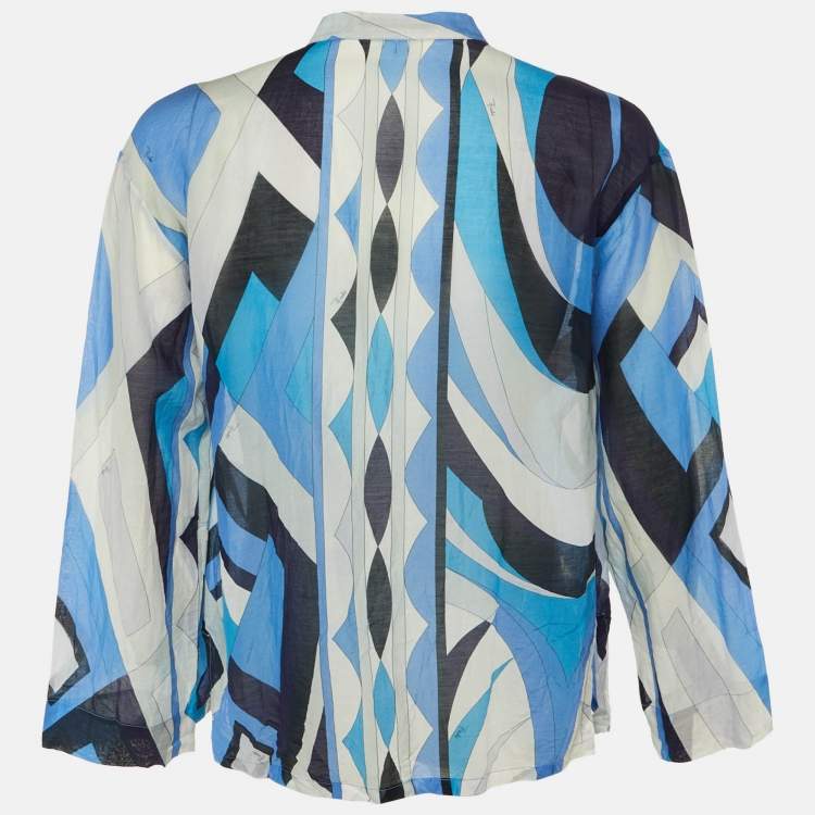 Pre Owned Emilio Pucci Blue Printed Cotton & Silk V Neck Shirt XL