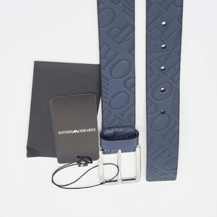 Pre Owned Emporio Armani Navy Blue Logo Embossed Leather Tongue Buckle Belt 105CM