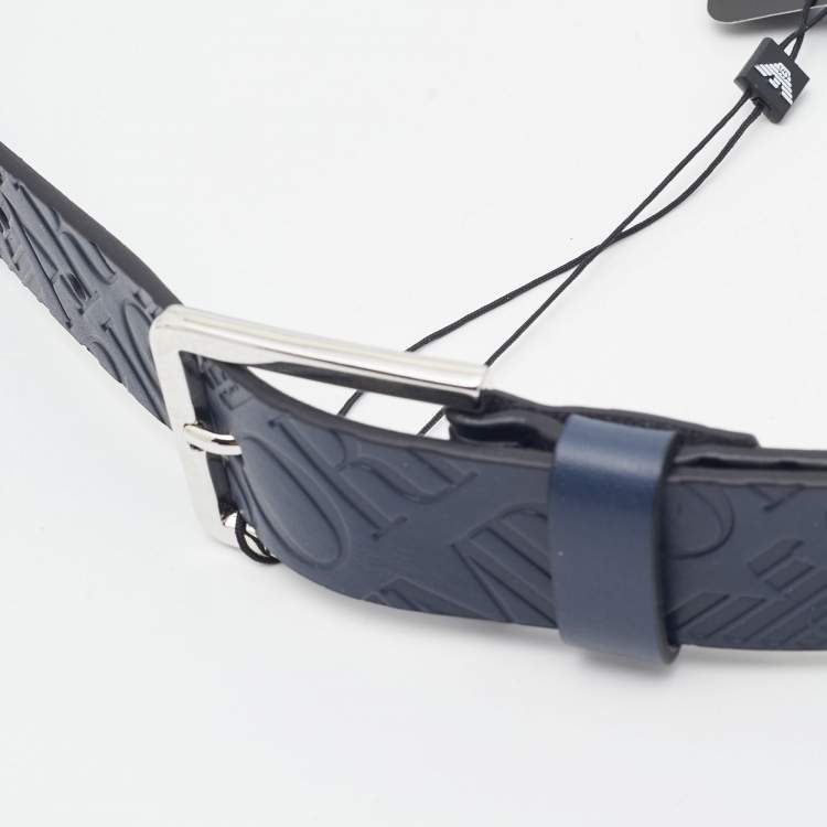 Pre Owned Emporio Armani Navy Blue Logo Embossed Leather Tongue Buckle Belt 105CM