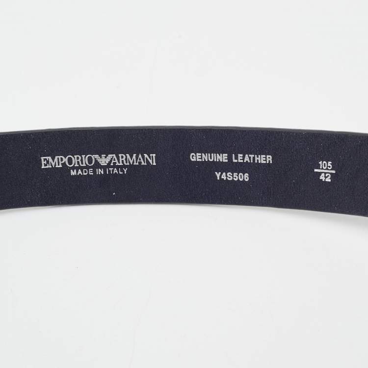 Pre Owned Emporio Armani Navy Blue Logo Embossed Leather Tongue Buckle Belt 105CM