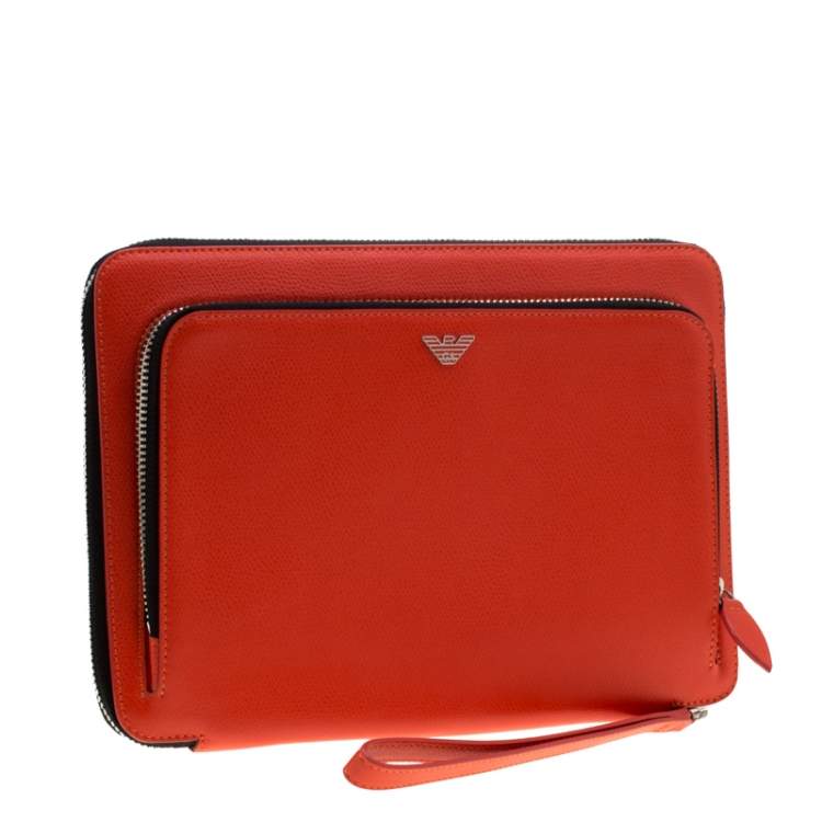 Pre Owned Emporio Armani Coral Orange Leather Zip Around iPad Case