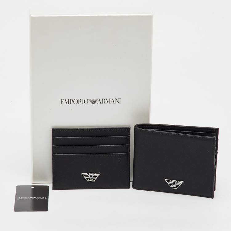 Pre Owned Emporio Armani Black Saffiano Leather Gift Set Twin Wallet