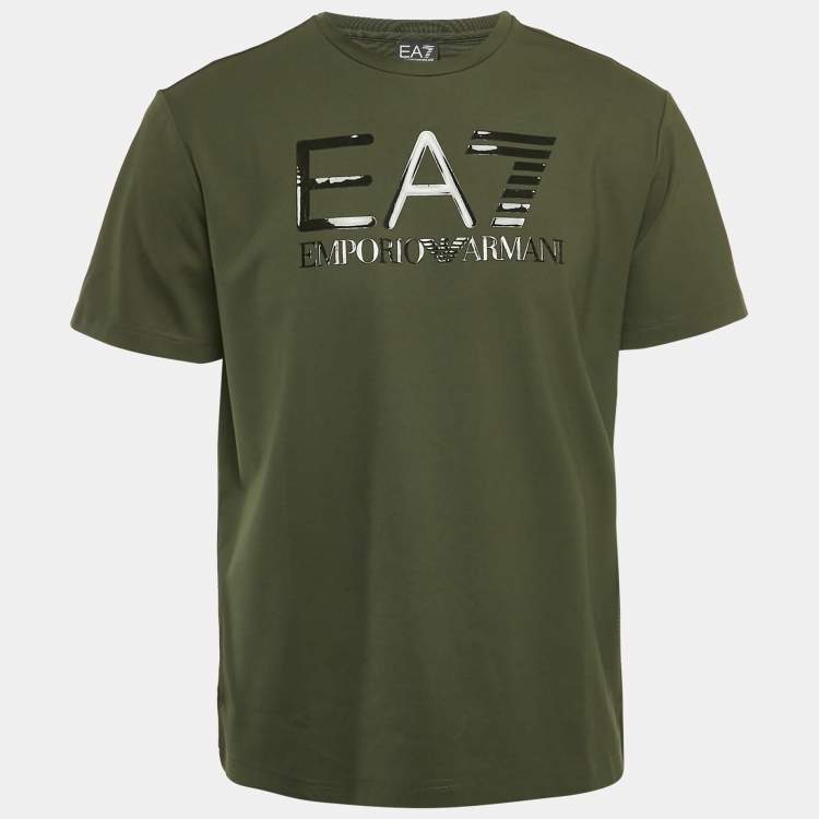 Pre Owned Emporio Armani Dark Green Logo Print Cotton Crew Neck T-Shirt M