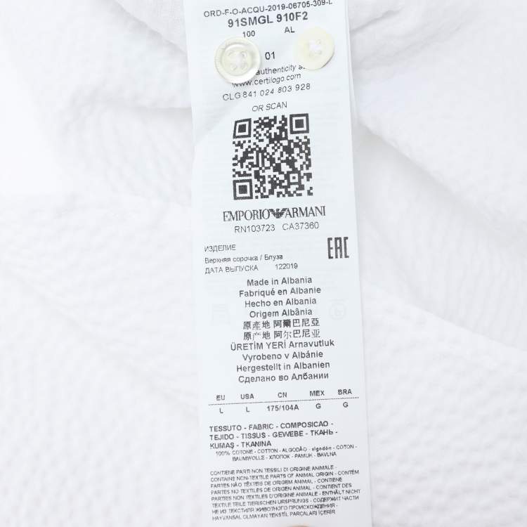 Pre Owned Emporio Armani White Textured Cotton Button Front Shirt L