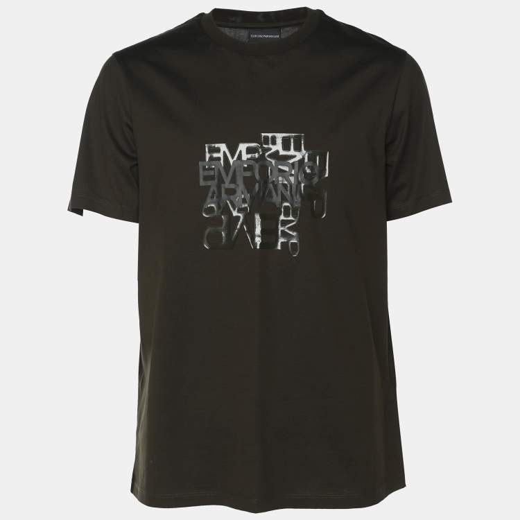 Pre Owned Emporio Armani Dark Olive Green Jersey Logo Print T-Shirt L