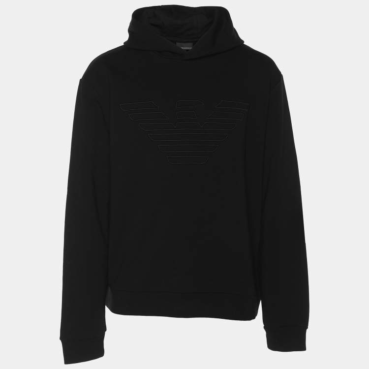 Pre Owned Emporio Armani Black Jersey Logo Embroidered Hoodie XL