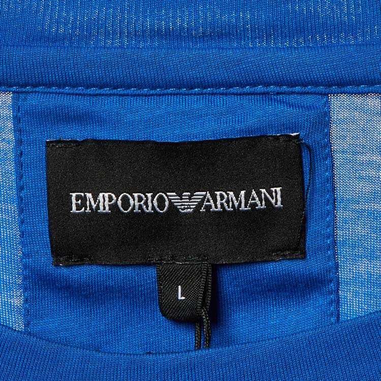 Pre Owned Emporio Armani Blue Logo Printed Cotton Knit T-Shirt L