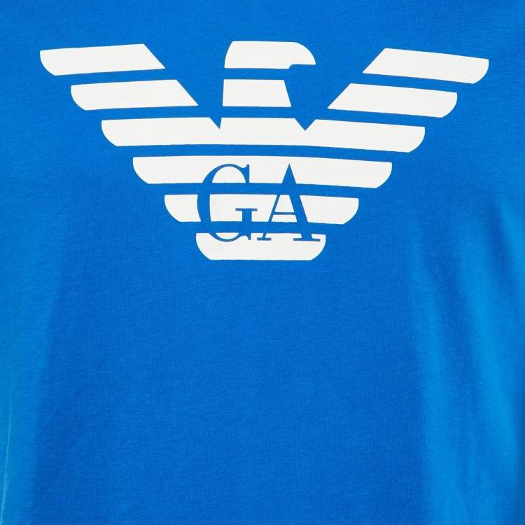 Pre Owned Emporio Armani Blue Logo Printed Cotton Knit T-Shirt L