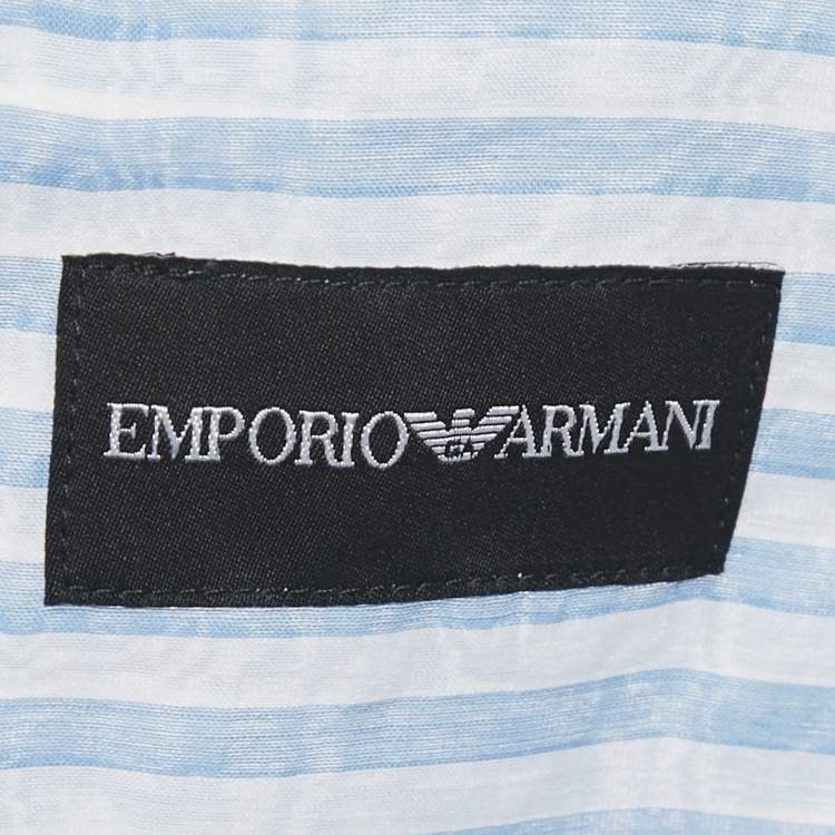 Pre Owned Emporio Armani Blue Striped Cotton Blend Madeiran Collar Shirt S