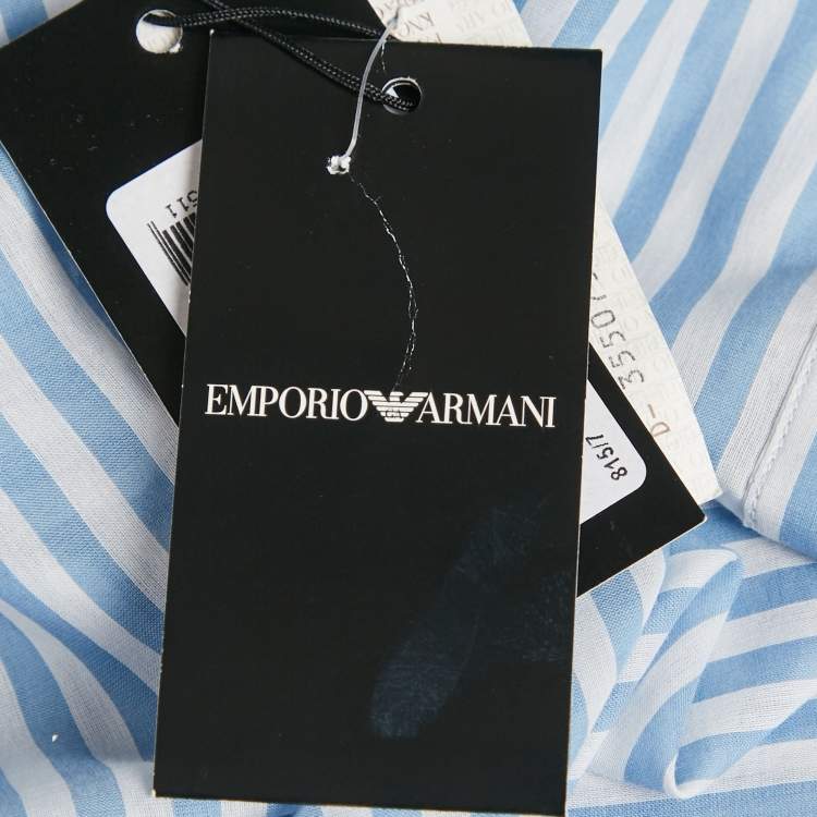 Pre Owned Emporio Armani Blue Striped Cotton Blend Madeiran Collar Shirt S